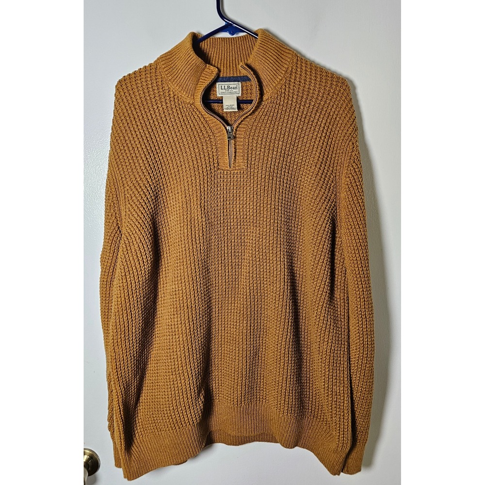 LL Bean Mens XL Tall Organic Cotton Quarter Zip Waffle Knit Sweater Mustard